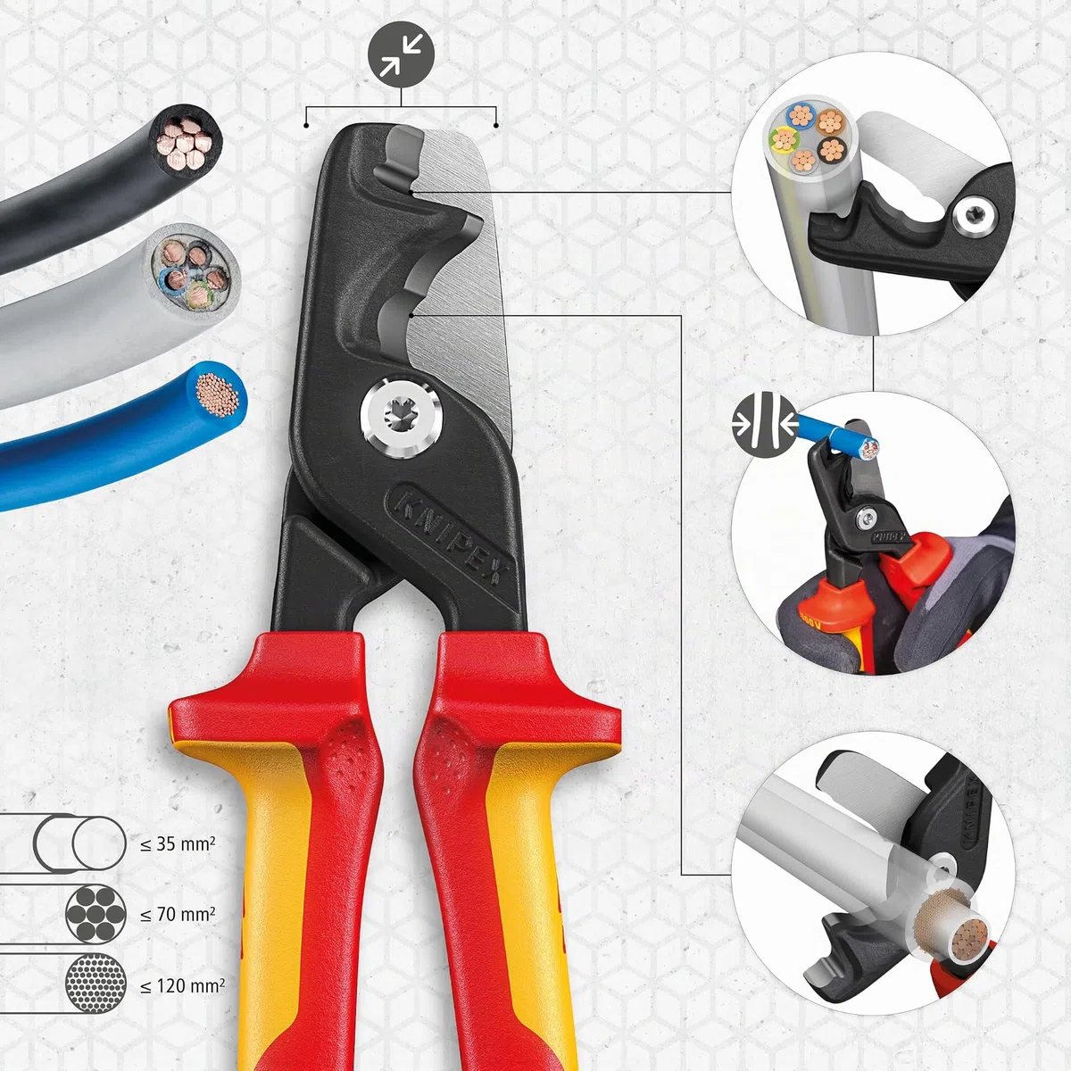 KNIPEX StepCut XL Cesoie per cavi con taglio a gradino impugnatura isolante, in materiale bicomponente, collaudato VDE 225 mm, 95 18 225