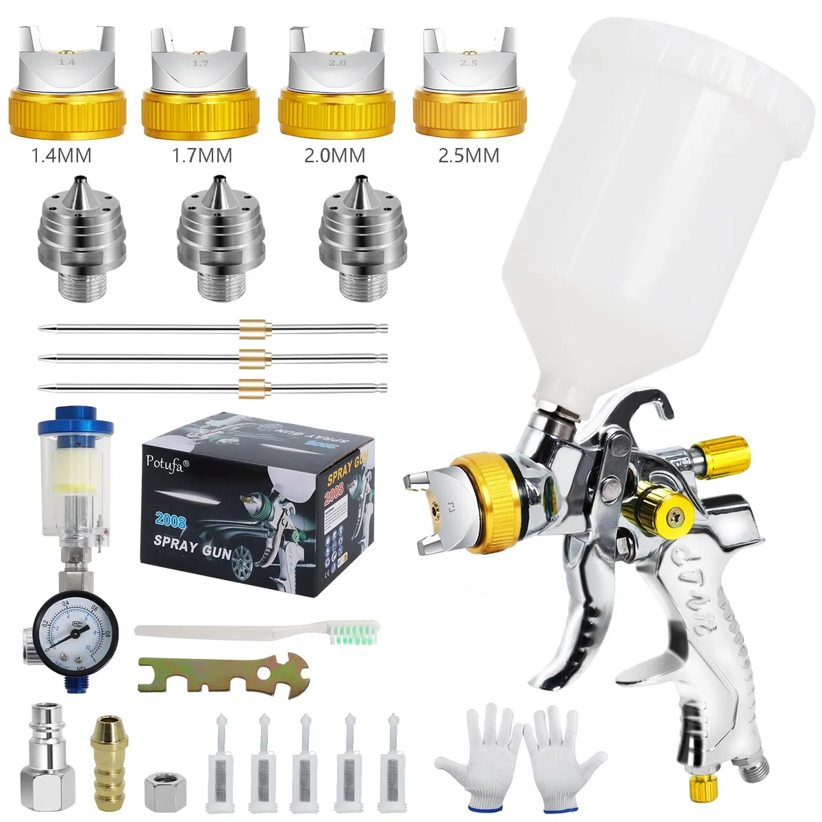 HVLP Pistola a spruzzo con 4 ugelli – 1,4 mm & 1,7 mm & 2,0 mm & 2,5 mm & 2,5 mm, pistola professionale per verniciatura ad aria compressa con bicchiere di plastica da 600 ml (giallo)