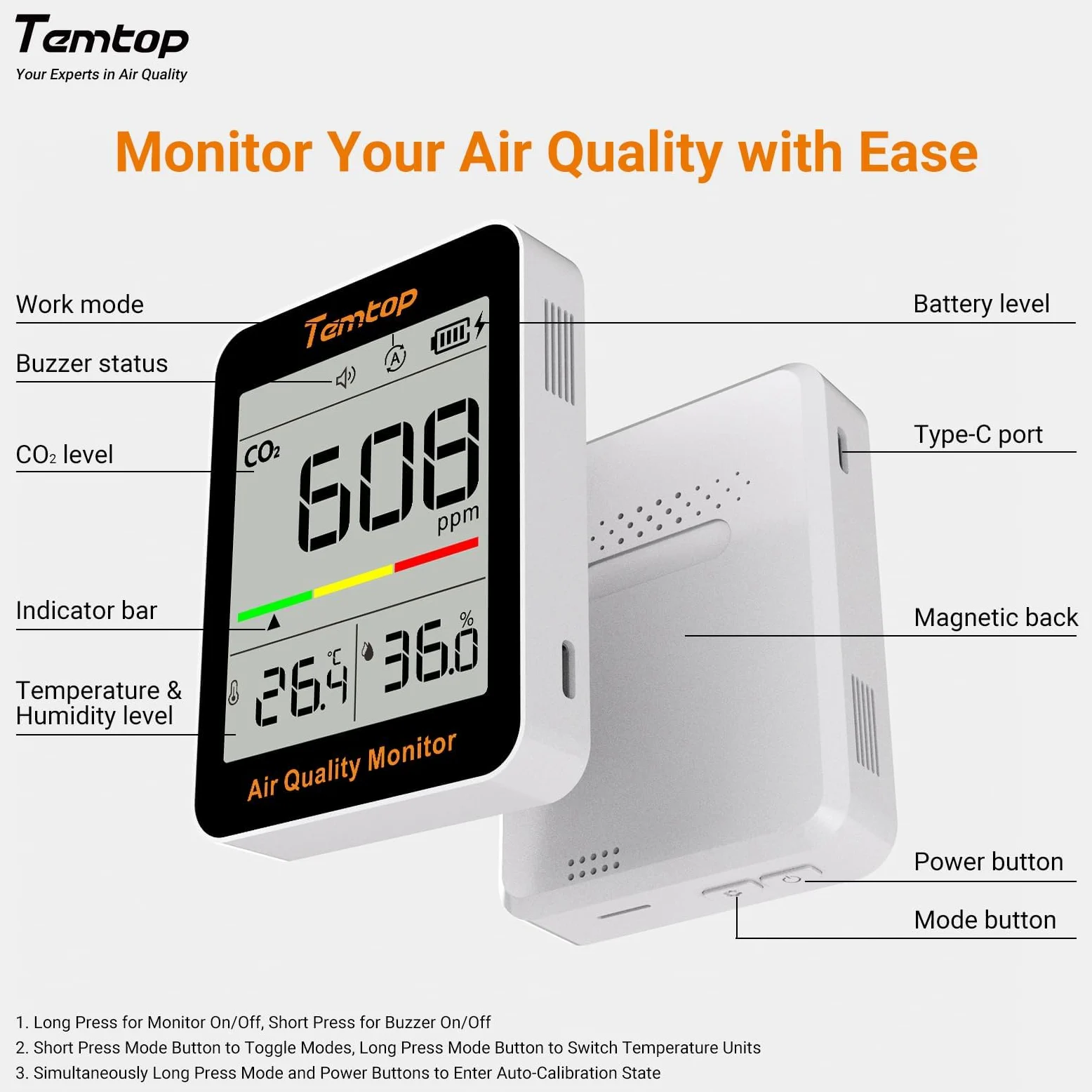 Temtop Rilevatore di CO2 Portatile C1, Misuratore di Qualità dell'Aria Interna con Sensore CO2 Termometro e Igrometro per Casa Ufficio Scuola