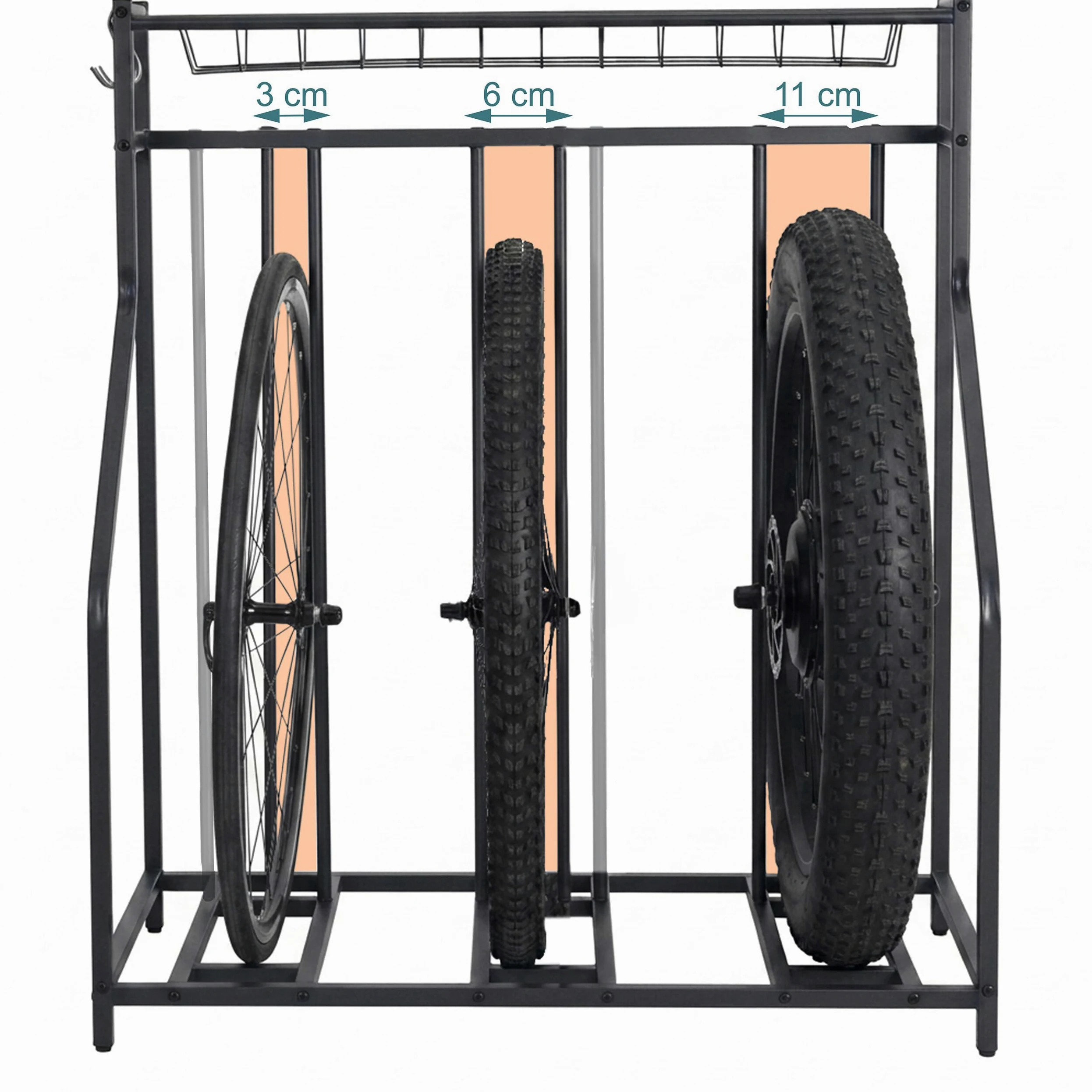 Relaxdays Portabici da Terra per 3 Biciclette, Larghezza Pneumatici Regolabile 3–11 cm, Cesto e 6 Ganci, Nero