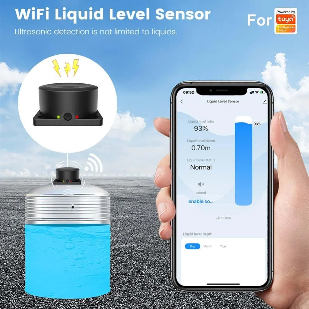 Sensore di livello dell'acqua acustico WiFi con batteria da 7800 mAh, monitor del serbatoio senza contatto per Tuya per app intelligente, misuratore di profondità impermeabile IP65, portata