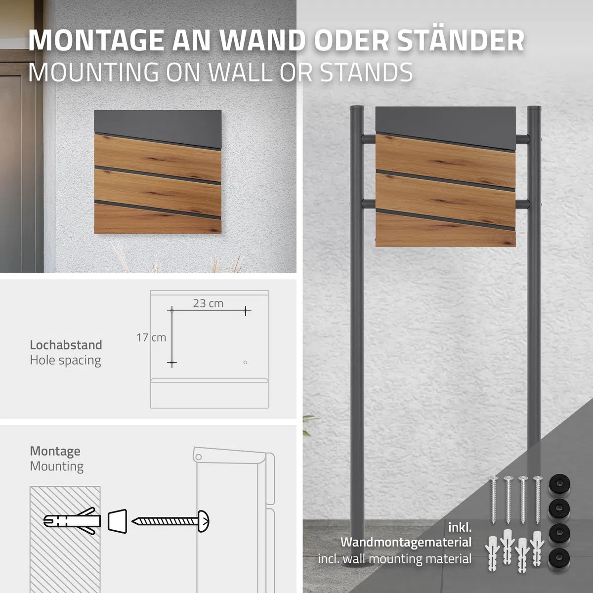 ML-Design Cassetta Postale Montaggio a Parete Muro Esterno 37 x 36,5 x 11 cm in Acciaio Antracite/Aspetto Legno Buca delle Lettere con Scomparto Porta Giornali Stile Moderno con Serratura e 2 Chiavi