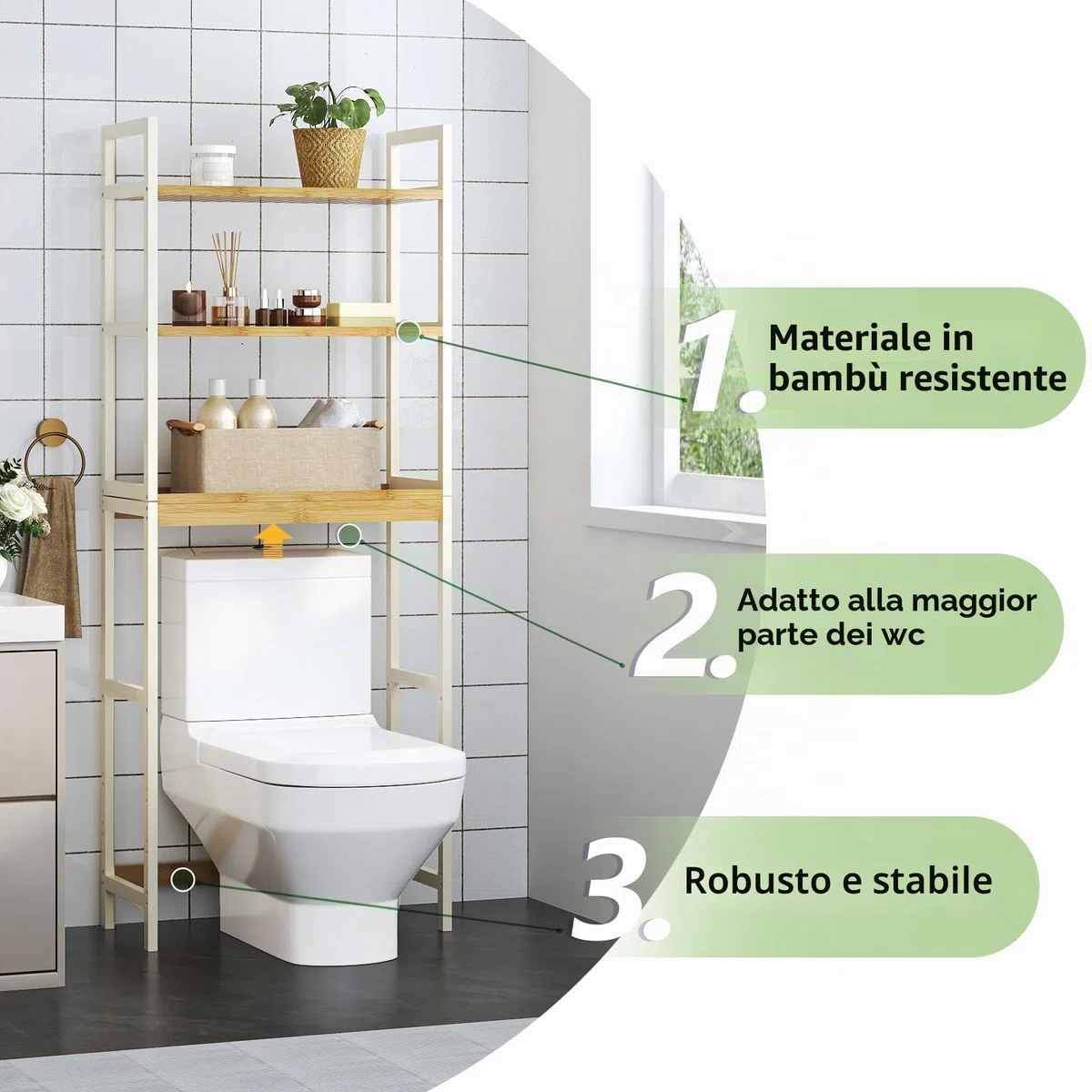 Mobile Sopra Lavatrice, Scaffale Lavatrice a 3 Ripiani in Bambù, per Bagno, Cucina, Soggiorno, 66.5x26x170cm