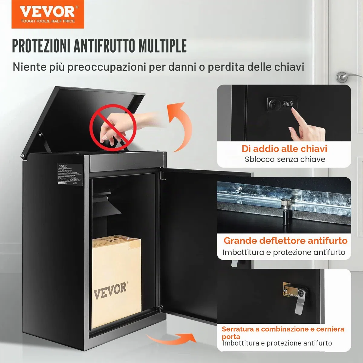 VEVOR Cassetta Postale per Pacco da Parete in Acciaio Zincato con Serratura a Codici 39x27x52,2 cm Capacità Carico 15-20 kg, Cassetta Murale per Pacchi Dimensioni max. per Pacco da 34,6x19,8x19 cm