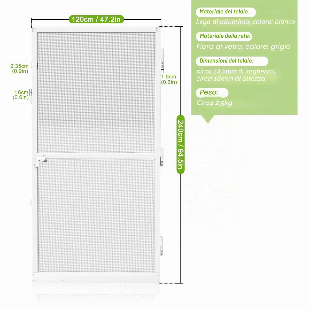 Zanzariera per porta, zanzariera con zanzariera e telaio in alluminio, 120 x 240 cm, zanzariera per balcone, soggiorno, terrazza