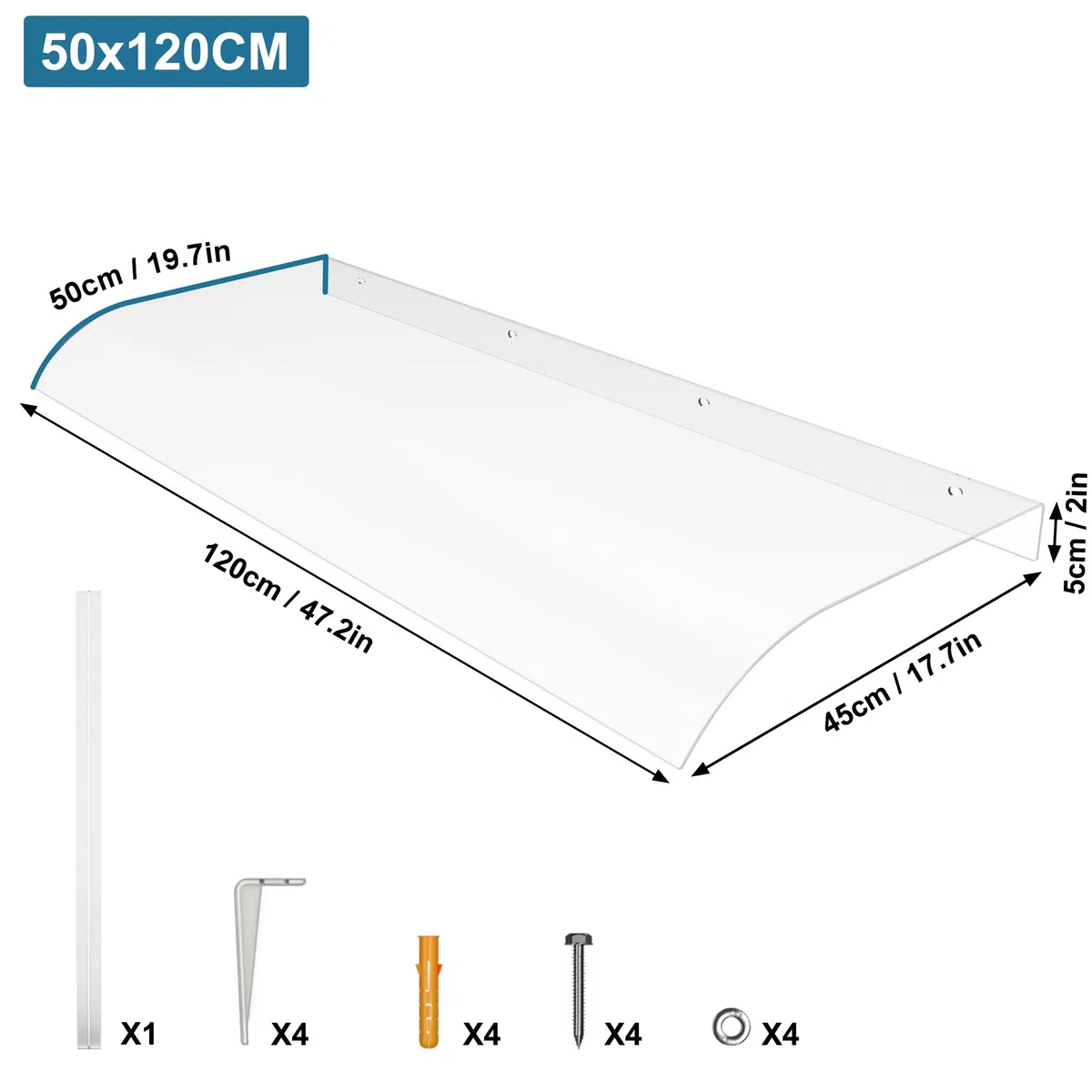 FIVMEN Tettoia per porta di casa, 120 x 50 cm, protezione UV, resistente alle intemperie, tettoia per porta di casa, tetto ad arco, in plastica PP trasparente