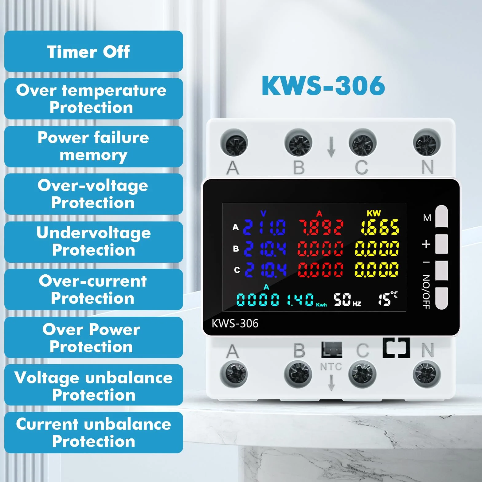 Contatore Energia Elettrica Trifase, 9 in 1 Misuratore di Consumo Elettrico Digitale Contatore Elettrico Energy Meter con Protezione da Sovratensione/Sottotensione AC 85-290V 80A (NO WiFi)