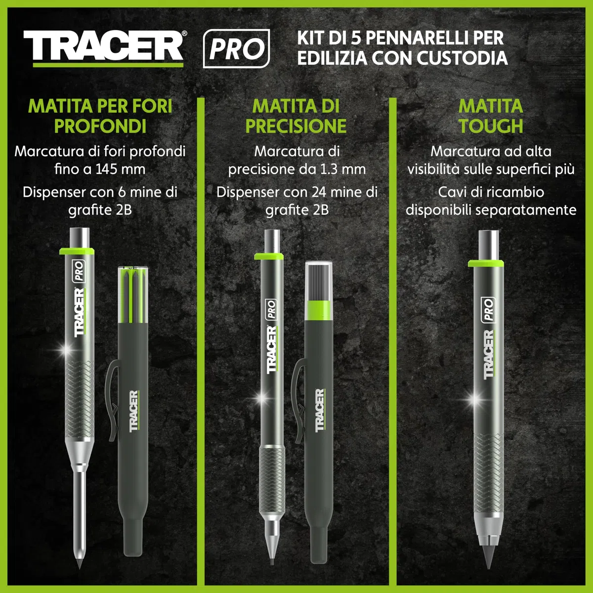 Tracer Pro Series Kit Marcatura Professionale 5 Pezzi | Matita Fori Profondi, Pennarello Costruzione Alluminio + 30 Mine