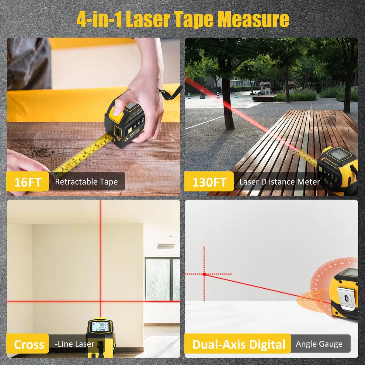 Laser Metro a Nastro 4 in 1, con Bluetooth, 5m e Telemetro Laser Metro a Nastro 100m, Misuratore Digitale con Livella Elettronica a Doppio Asse, Calcolo di Distanza, Superficie, Volume Disegno CAD