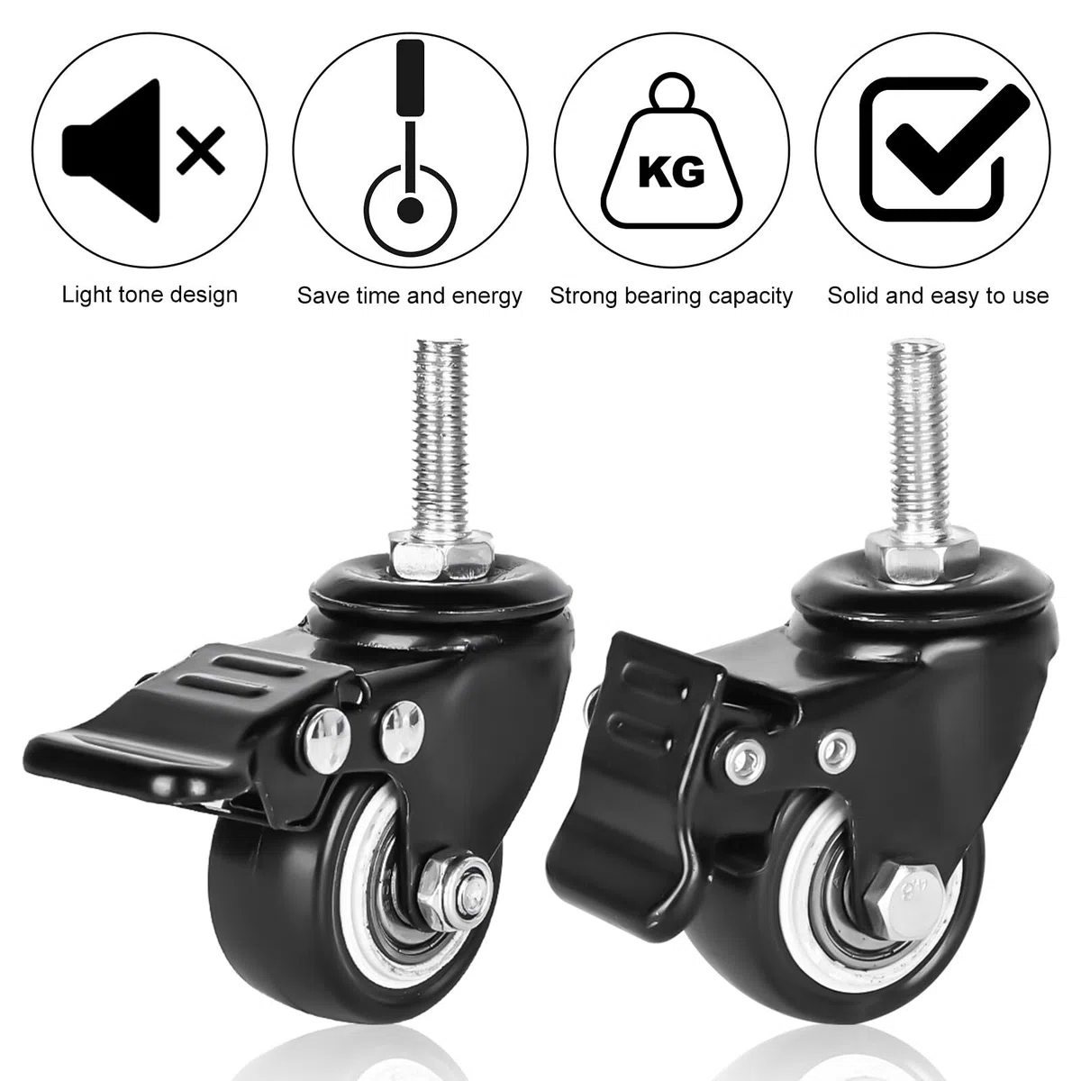 4 Rotelle per Mobili da 40 mm: Vite M8 x 25 mm, Fisse Con Freno, 35 kg, Rotazione a 360 Gradi, in Gomma per Interni ed Esterni