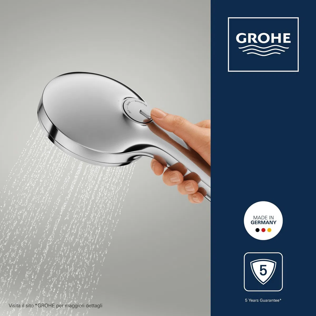 GROHE Vitalio Joy+ 120 Doccino doccia con 3 getti: pioggia, getto, booster (risparmio idrico 6,3 l/min, protezione antiscottatura, sistema di montaggio universale), cromata, 1348630000