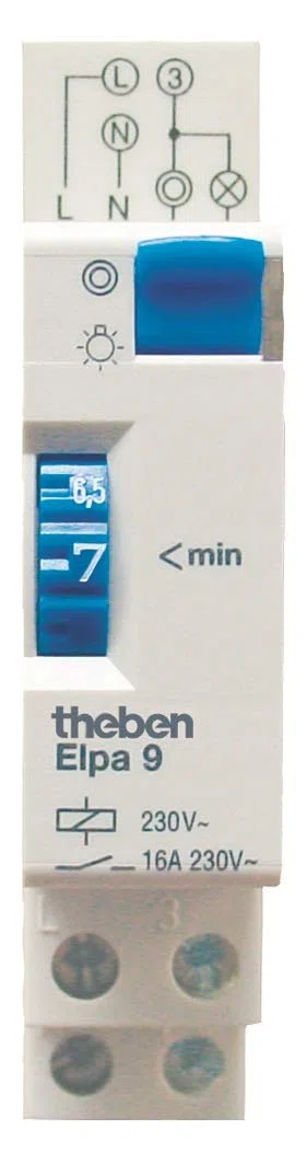 Theben 0090001 ELPA 9 Temporizzatore luci scale TLZ – elettromeccanico, retrofit (3 fili,non collegabile a valle), nessun consumo in standby, interruttore a levetta per luce permanente, tempo 1–7 min