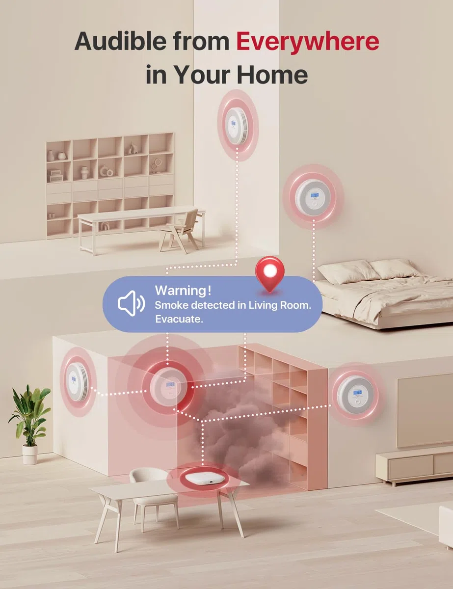 X-Sense Combinazione Wi-Fi allarme fumo e monossido di carbonio per la casa con avvisi vocali in inglese, allarme vocale wireless interconnesso con stazione base SBS50, XP0A-MR11