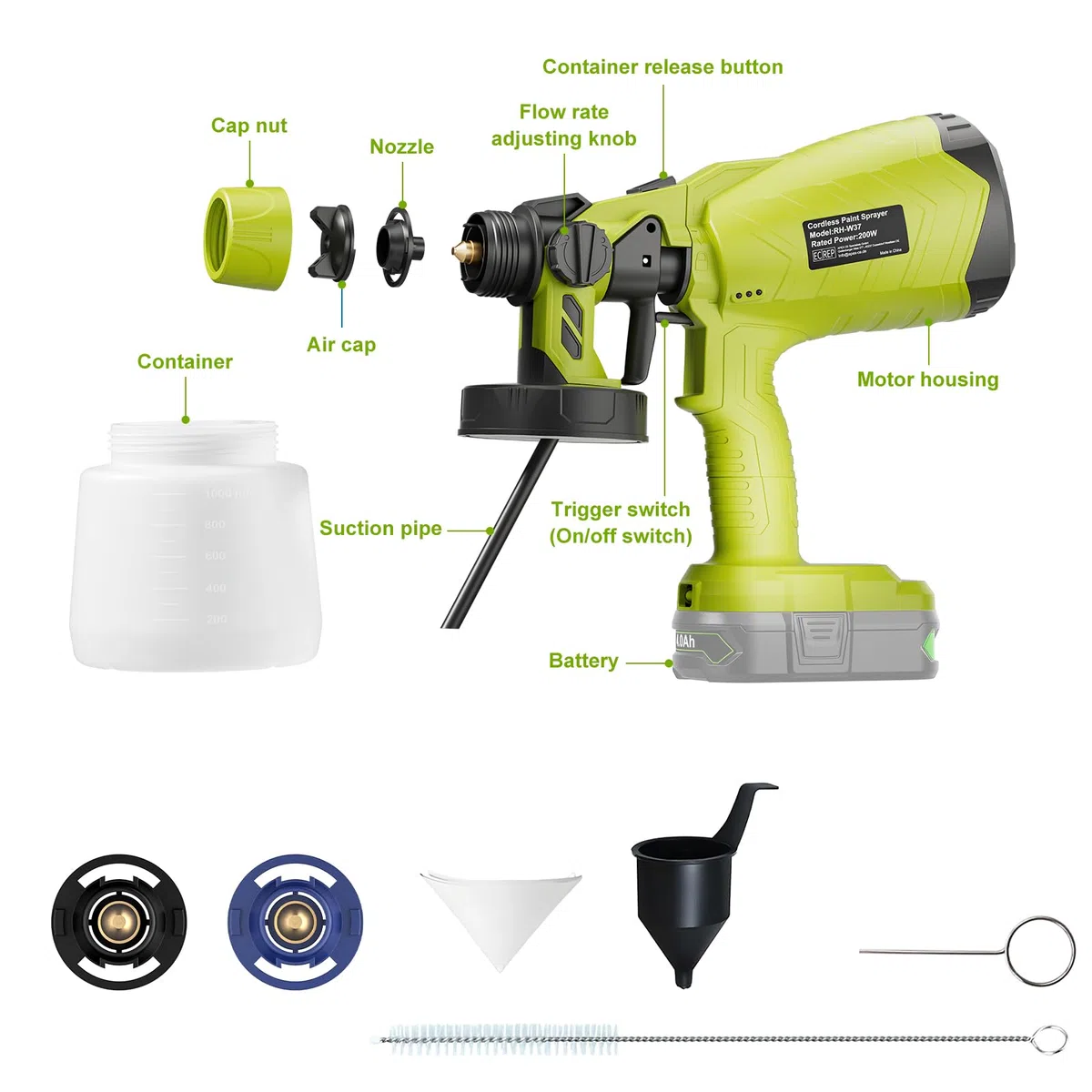 Spruzzatore di vernice senza fili per ryobi One Plus Batteria, spruzzatore di vernice senza fili per recinzioni e terrazze, pistola a spruzzo di vernice a mano (senza batteria)