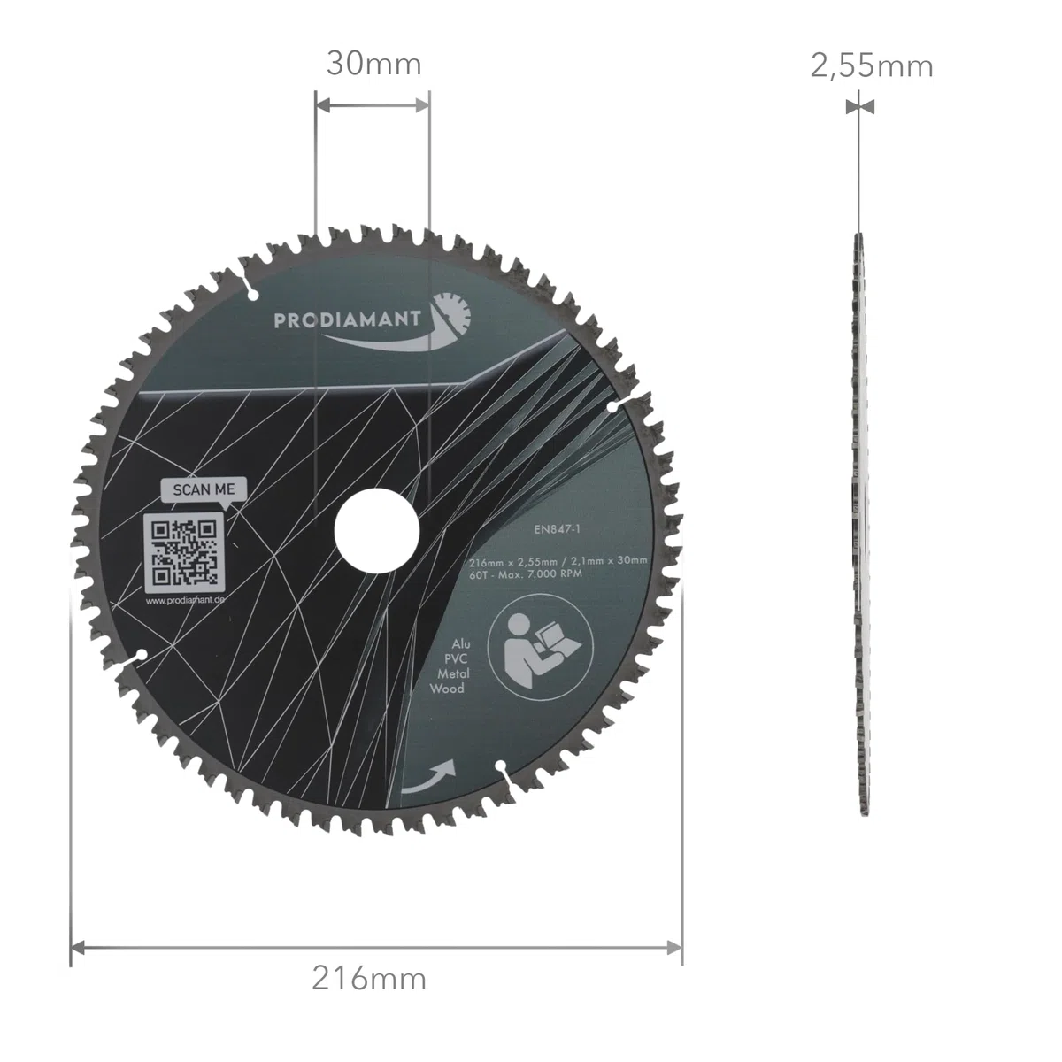 PRODIAMANT Lama per sega multiuso in metallo duro 216 x 30 mm per legno, alluminio, plastica e laminato con denti HM TCT per sega da tavolo, troncatrice e sega circolare