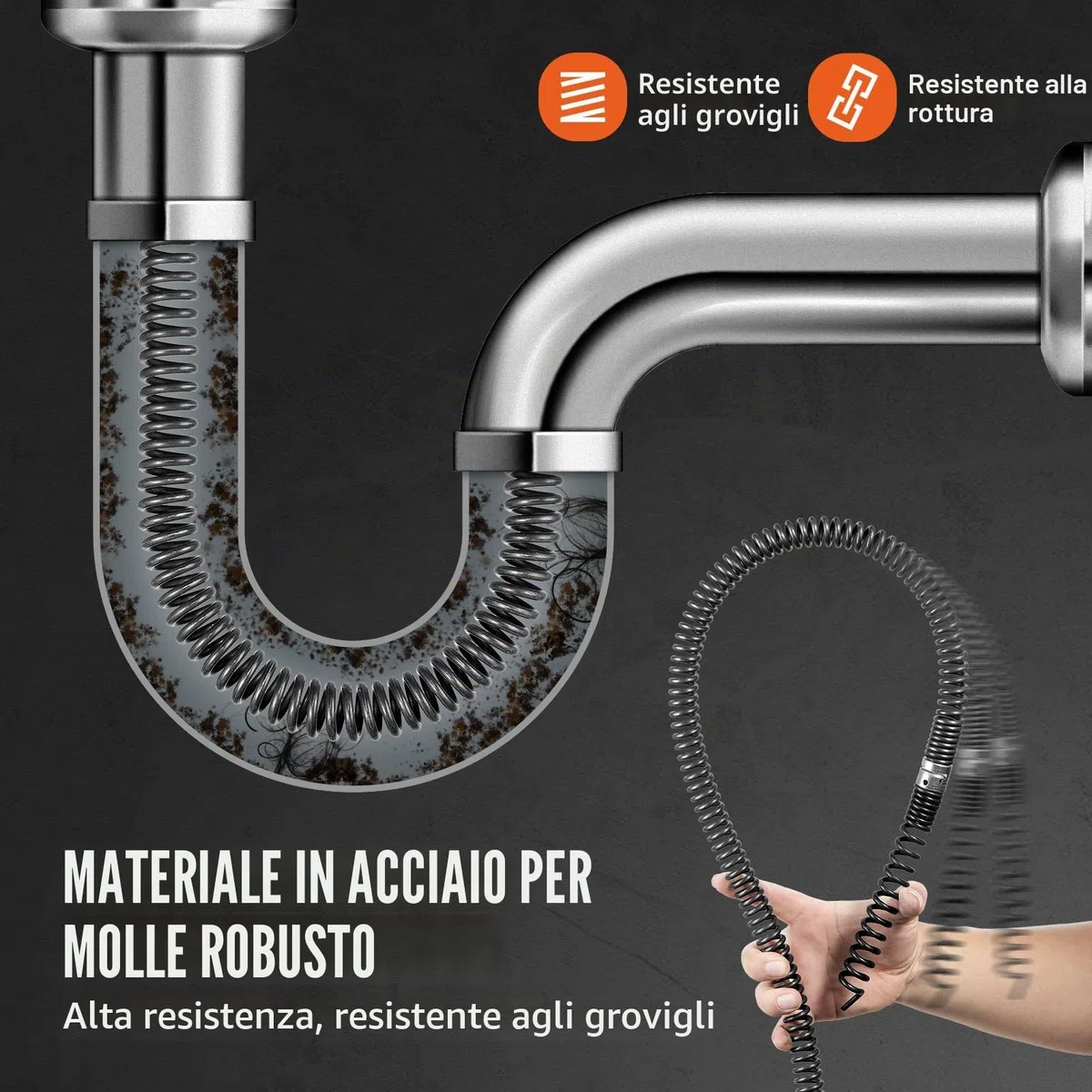 VEVOR Cavo per Pulizia Scarichi con 7 Taglierine Cavo per Pulizia Scarichi Sezionale per Tubi da 20 a 100 mm Cavo per Coclea di Scarico Fognario a Nucleo Cavo per Lavello, Scarico a Pavimento, WC