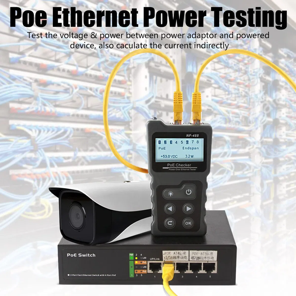 Tester di rete RJ45 con display LCD, tester per cavi NF-488 con funzione POE per verificare il cortocircuito, lo stato di interruzione di cavi di rete Cat5/Cat6, test di tensione e corrente