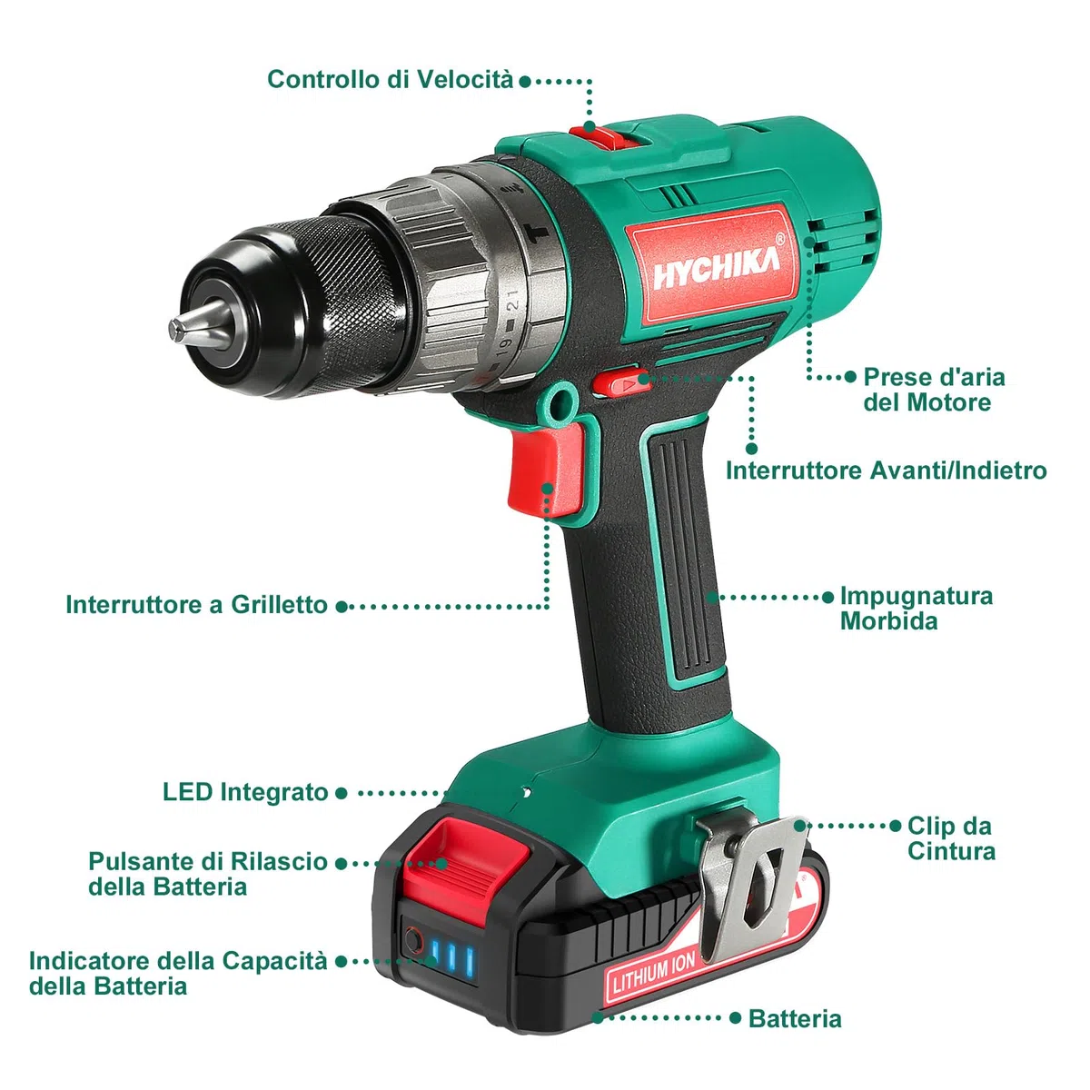 HYCHIKA Trapano Avvitatore Batteria 18V, Trapano a percussione 45 Nm, Batteria 2,0 Ah, 27 accessori, Ricarica rapida 1 ora, Coppia 21+3, 2 velocità, con illuminazione LED, per riparazioni domestiche