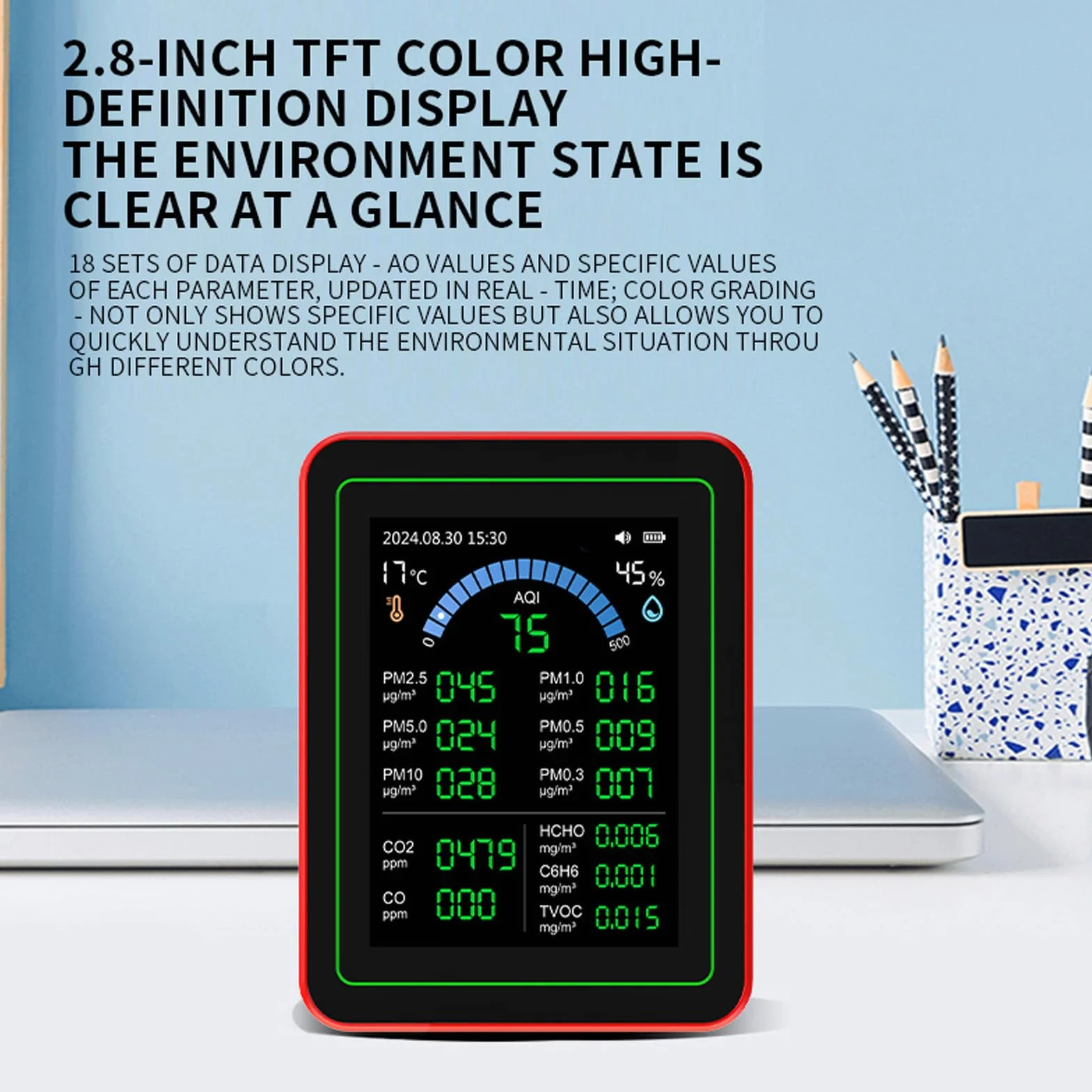 Rilevatore Qualità Aria 18 in 1 per CO2 TVOC HCHO PM2.5 PM10 Temperatura Umidità Display LCD Batteria Casa
