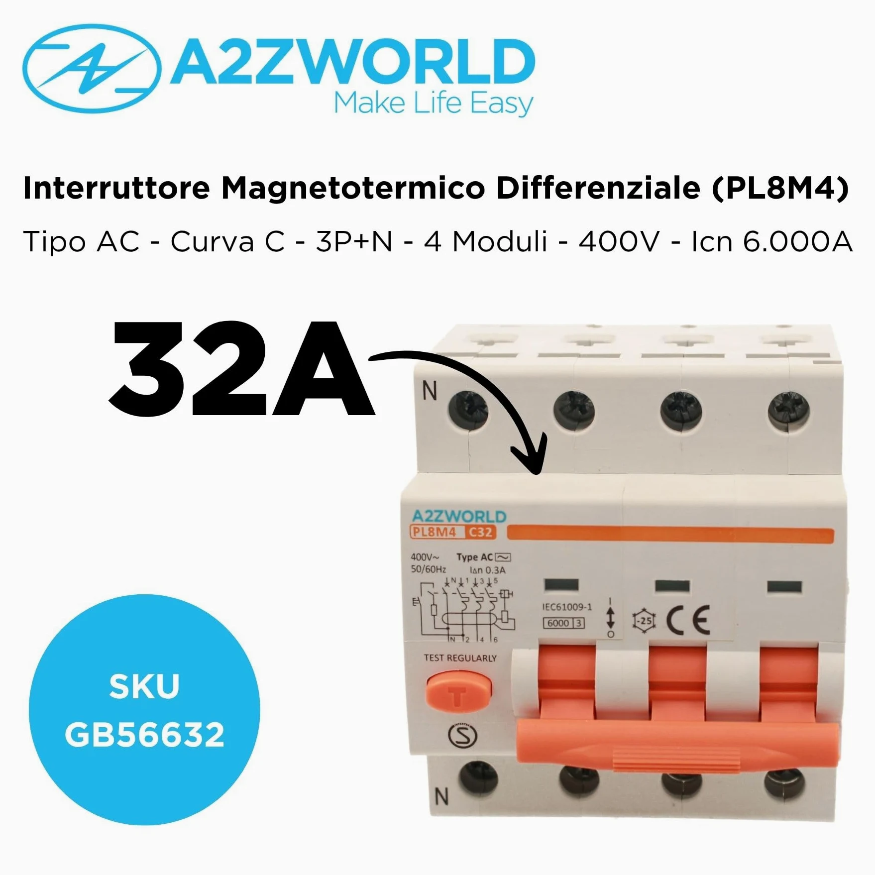 Interruttore Magnetotermico Differenziale Trifase 300mA 32A C32, RCBO Tipo AC Curva C 0,3A, 3P+N 6kA 400V, Occupa 4 Moduli DIN
