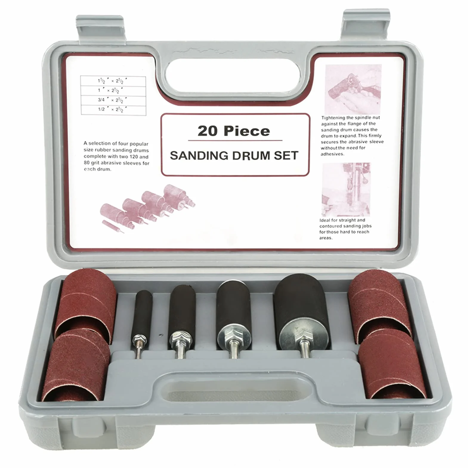 Kit Tamburo Levigatura in Gomma 20 Pezzi per Trapano a Colonna con Custodia Dimensioni 1/2" 3/4" 1" 1,5"