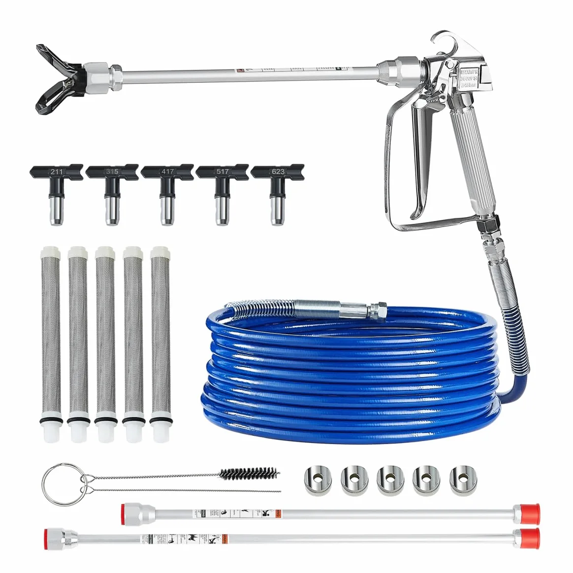 VEVOR Kit Pistola a Spruzzo Airless e Tubo Flessibile, Set Tubi Flessibili per Spruzzatore di Vernice Alta Pressione 248 Bar con 5 Ugelli, Giunto Girevole, Filtri, Tubo Flessibile, Aste di Prolunga