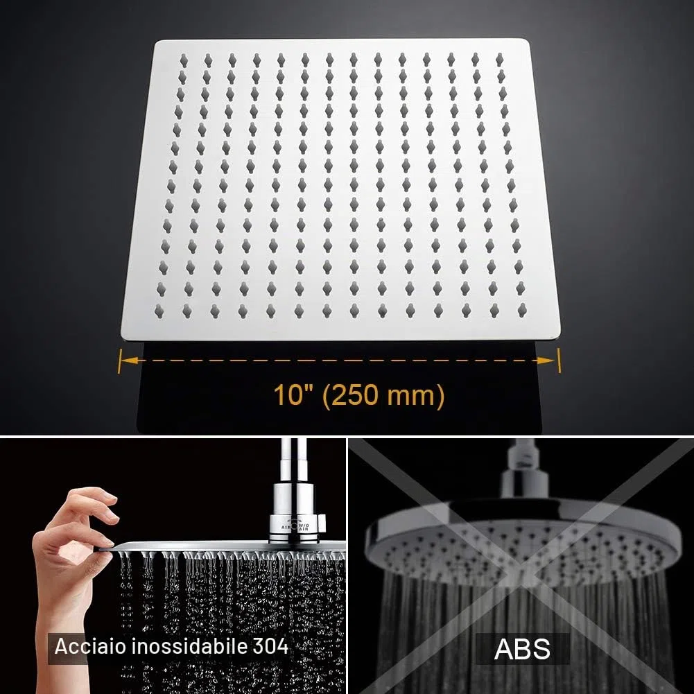 GRIFEMA G7007 - Soffione Doccia Pioggia con Braccio e Tubo, Soffione Doccia a Pioggia Anticalcare ad Alta Pressione Testa di Doccia Acciaio Inox Lucido Ultra Sottile Quadrato