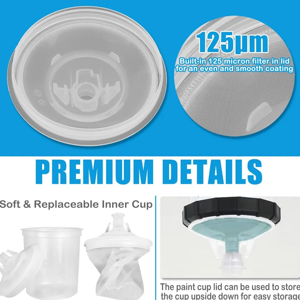 Tazza di Vernice Usa e Getta per Pistola a Spruzzo HVLP e LVLP, Kit Bicchieri per Miscelazione Vernici da 600 ML con 30 Tazze e Coperchi, 30 Filtri, 10 Tappi e 2 Adattatori per Bicchieri