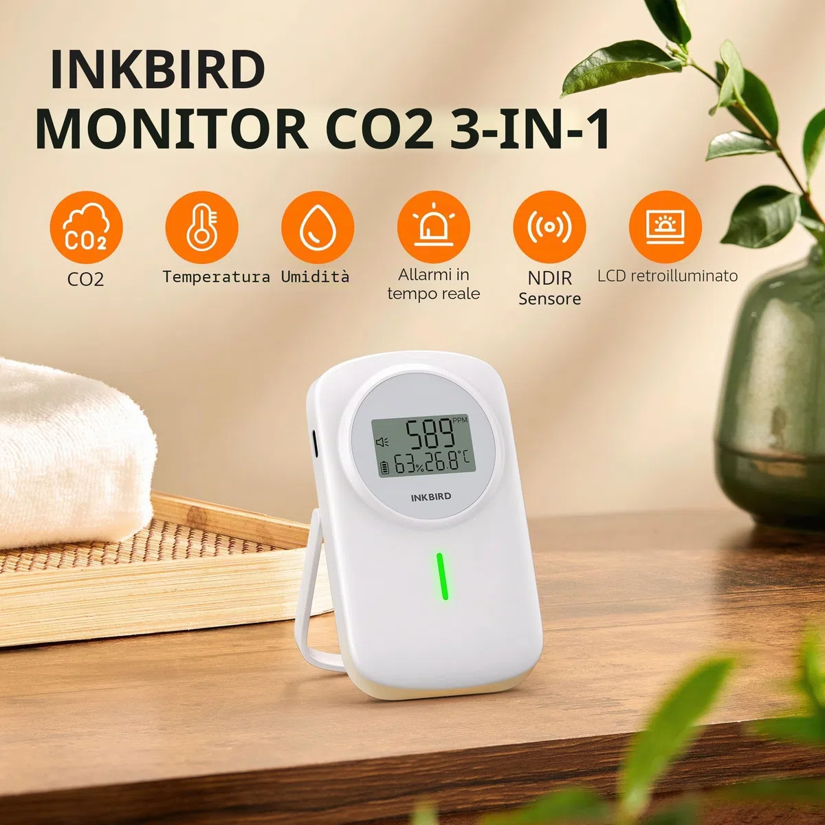Inkbird Rilevatore di CO2,3 In 1 Termometro Ambiente Interno con Sensore CO2, NDIR Sensore,Funzione di Allarme,Monitor della qualità dell'aria,Rilevatore di Anidride Carbonica