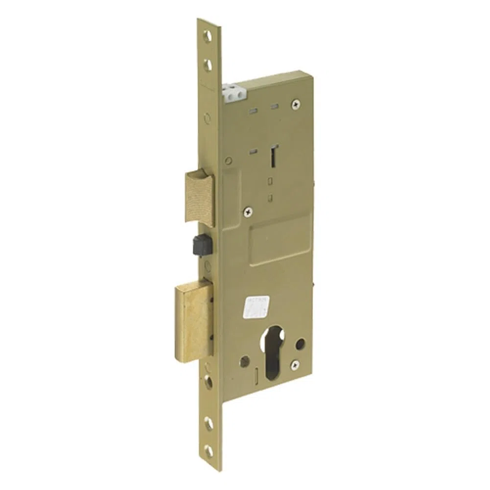 Serratura Elettrica Da Infilare Per Porta Legno Art. 581 Con Ritrazione Scrocco E Catenaccio Azionati Dalla Chiave, Dal Pulsante Meccanico E A Distanza Mediante Impulso Elettrico A Basso Voltaggio (15W-12V). Frontale 23 Mm, Catenaccio 2 Mandate. Finitura
