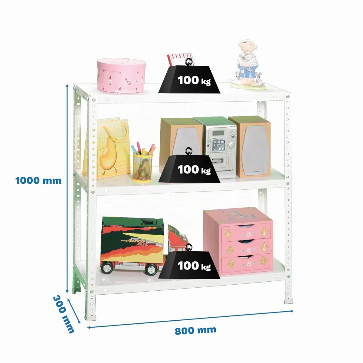 Simon Rack Scaffale Metallo Garage e 3 Ripiani, Capacità di Carico 100 kg e Punto di Flessione, 1000x800x300 mm, Metallo, Scaffalatura per Garage, Bianco - Comfort