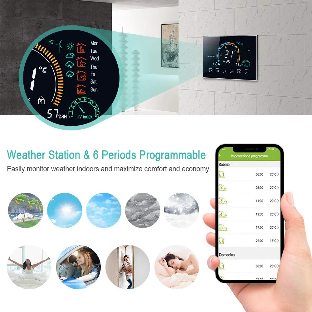 Decdeal Termostato WiFi per Caldaia a Gas - Controllo App Vocale/LCD Retroilluminato Visualizzazione dell'umidità e UV,Termostato Programmabile Compatibile con Alexa Google Home