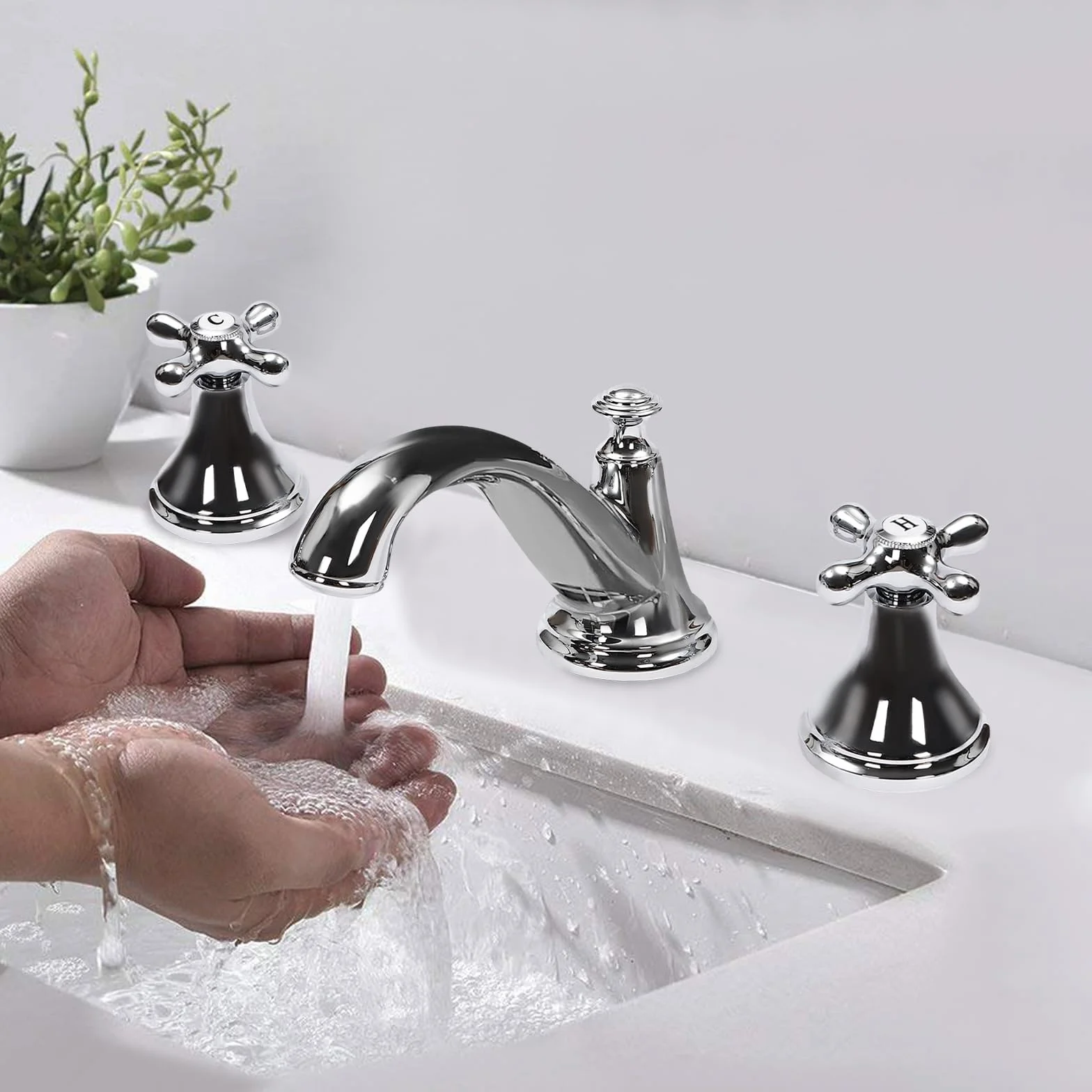 Rubinetto lavabo a 3 fori argento lavabo miscelatore con 2 maniglie, rubinetto per acqua calda e fredda