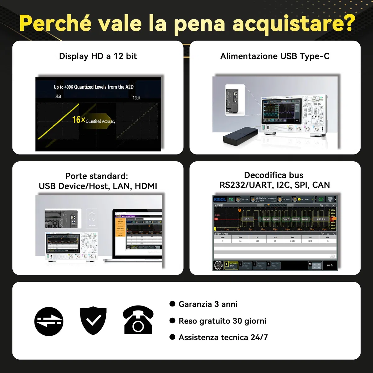 RIGOL Oscilloscopio digitale DHO804 70 MHz, 4 canali analogici, 1 canale EXT, fino a 25 Mpts profondità di memoria, fino a 1,25 GSa/s frequenza di campionamento in tempo reale, 3 anni di garanzia.
