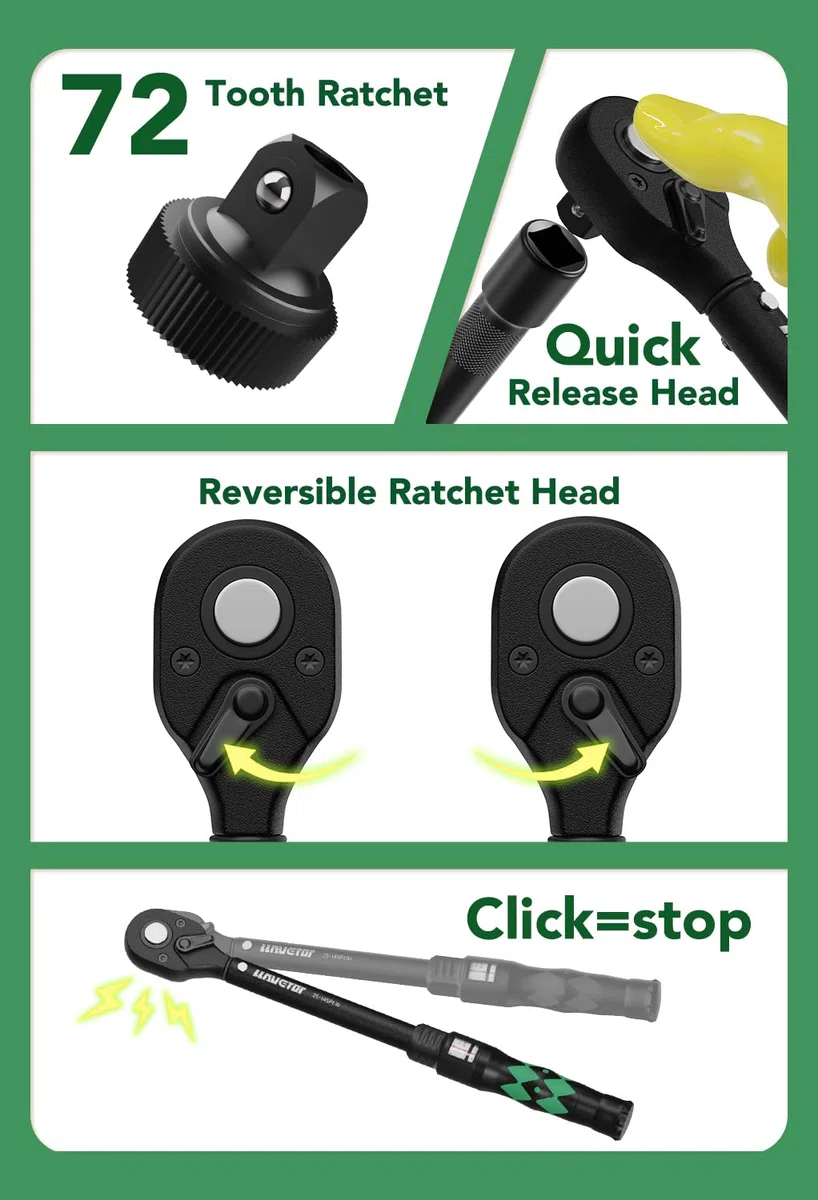 Chiave dinamometrica regolabile di precisione a scatto per finestra, precisione 3%, per manutenzione moto e biciclette (set 1/2", 25-145 ft.lb)