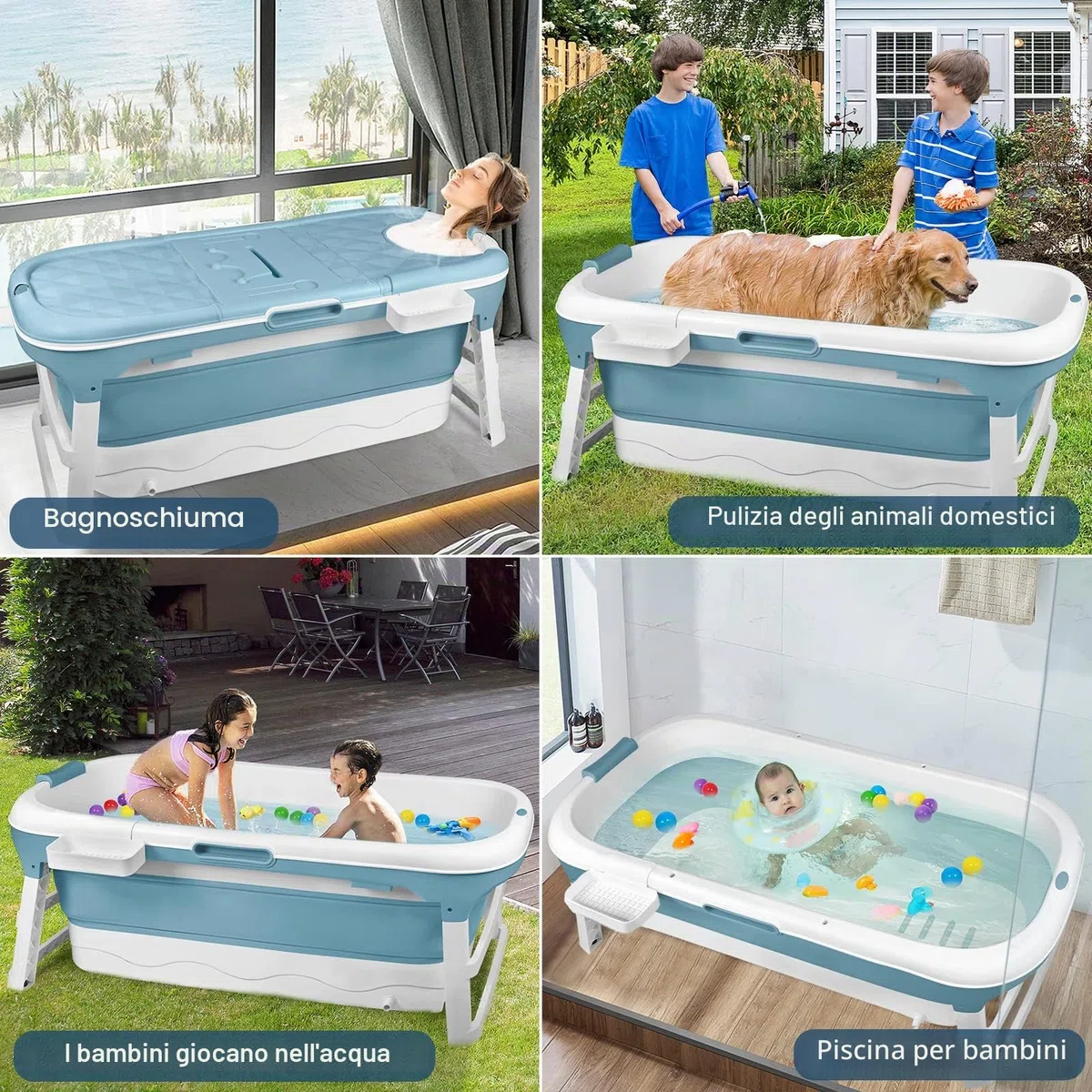 UISEBRT Vasca da bagno pieghevole per adulti XXL, vasca da bagno pieghevole 148 x 62 x 53 cm, vasca da bagno pieghevole portatile con copertura rimovibile, portasapone, rulli massaggianti, per bagno