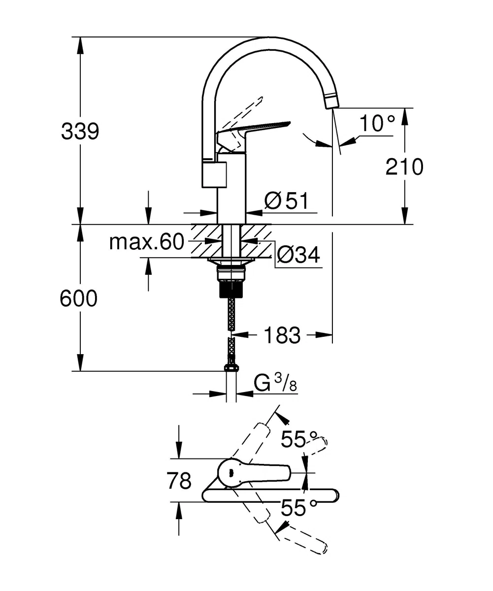 GROHE Start QuickFix – Rubinetto Miscelatore per lavello da cucina, bocca a C, facile da montare con GROHE QuickMount), nero opaco, 304692430