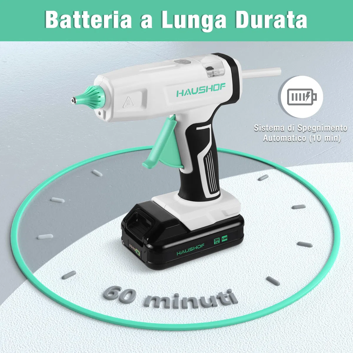 HAUSHOF Pistola per Colla a Caldo Senza Fili da 20V con Batteria e Caricatore, 20 Stick di Colla 11x150 mm, Spegnimento Automatico e Riscaldamento Rapido per Fai da Te, Artigianato