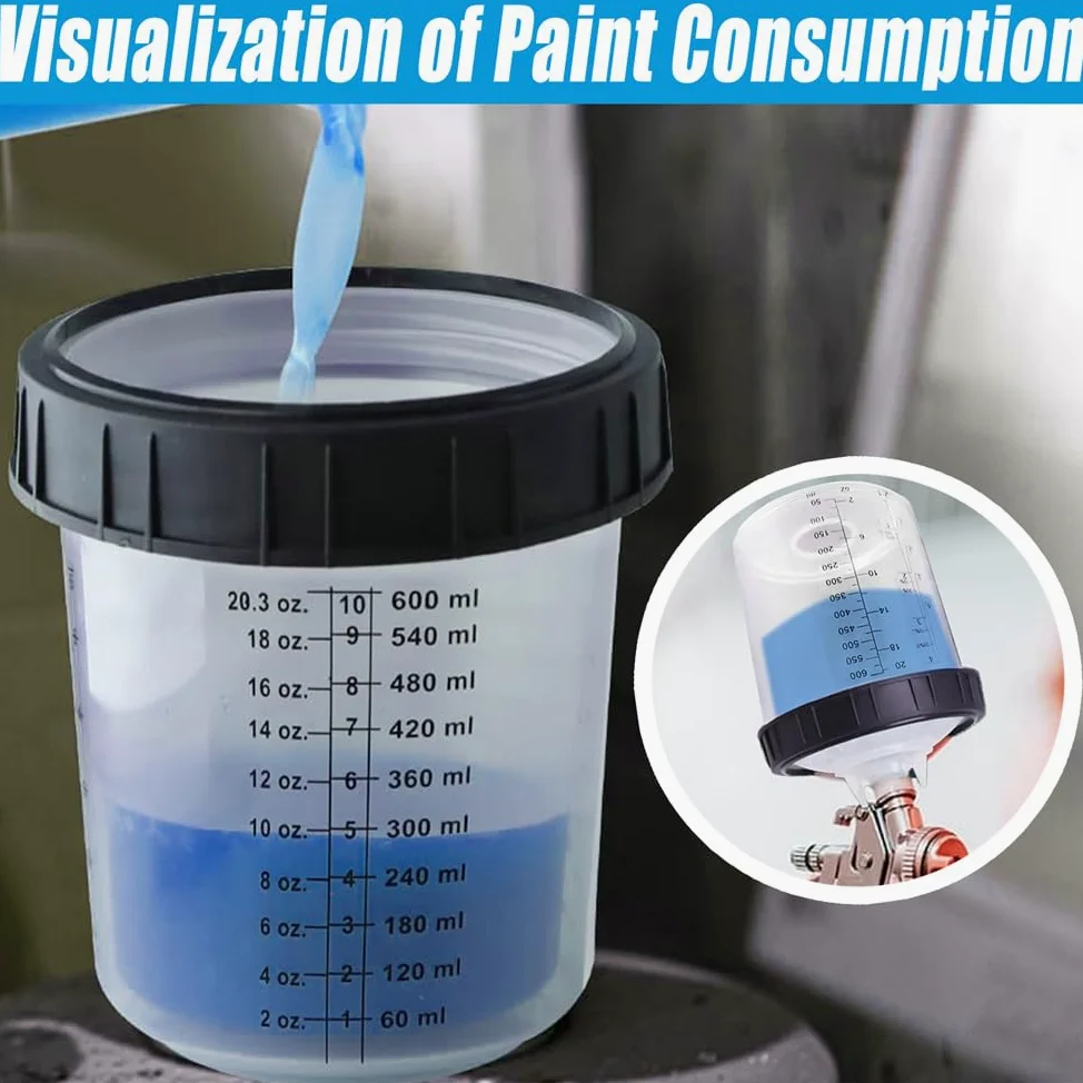 Tazza di Vernice Usa e Getta per Pistola a Spruzzo HVLP e LVLP, Kit Bicchieri per Miscelazione Vernici da 600 ML con 30 Tazze e Coperchi, 30 Filtri, 10 Tappi e 2 Adattatori per Bicchieri