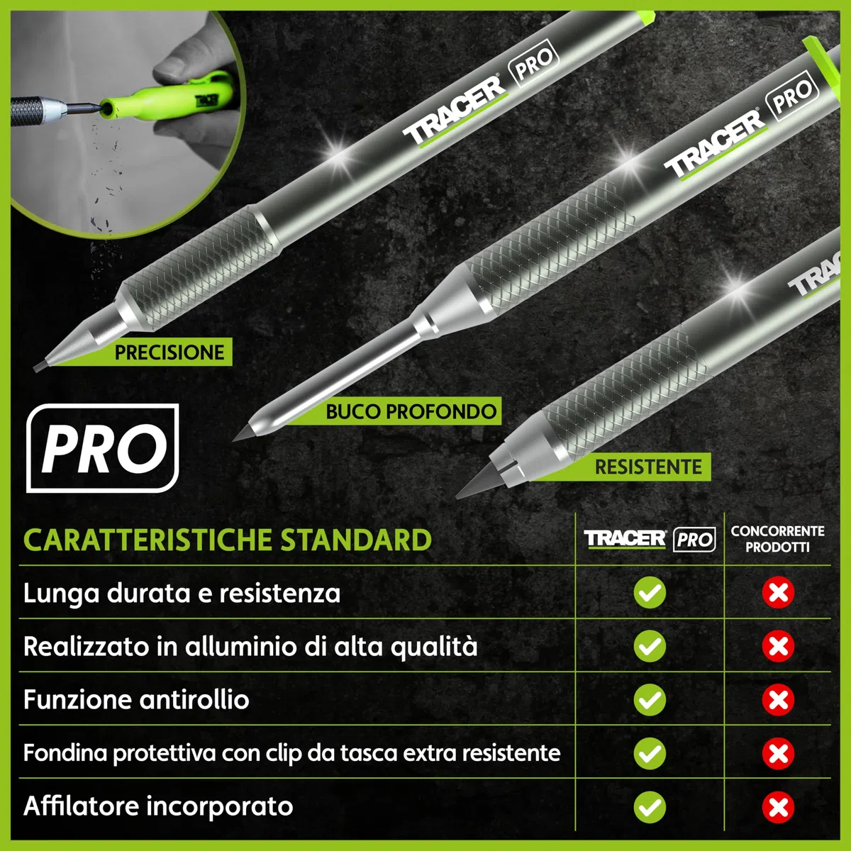 Tracer Pro Series Kit Marcatura Professionale 5 Pezzi | Matita Fori Profondi, Pennarello Costruzione Alluminio + 30 Mine