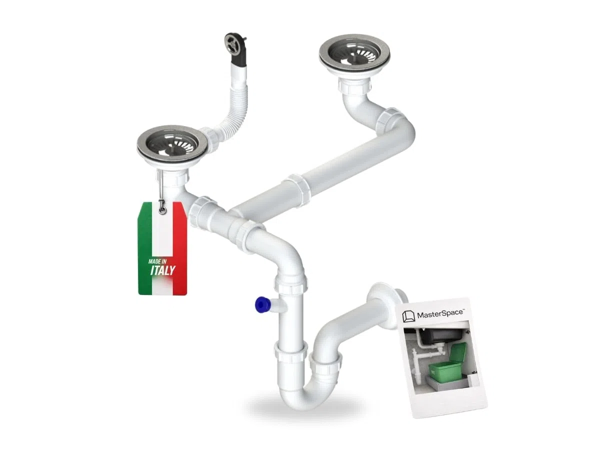 Granmaster, sifone da cucina manuale a 2 camere, con troppopieno, scarico per lavandino, Made in Italy, collegamento sul fondo, 1 1/2", filtro valvola eccentrica 3 1/2", 38 x 26 x 12 cm