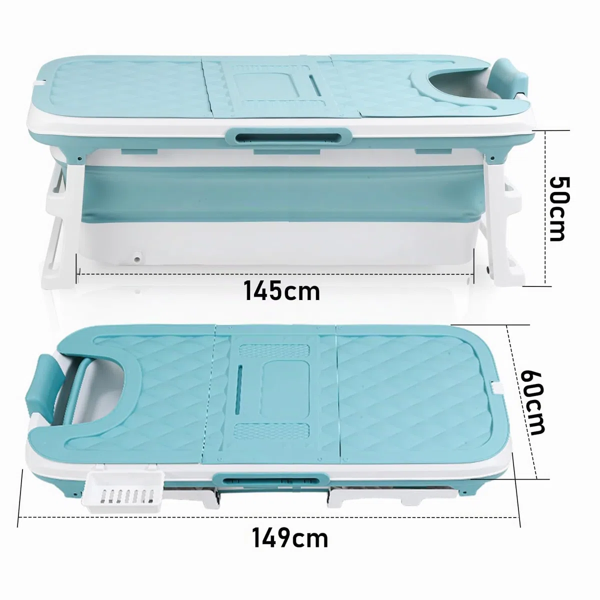 Vasca da bagno pieghevole per adulti - 149 x 60 x 50 cm - Portatile - Vasca da bagno mobile pieghevole con coperchio e rulli massaggianti - Portasapone - Per bagno e doccia - Blu