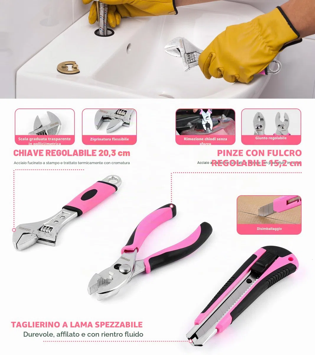 Dowell, kit di attrezzi per la riparazione domestica da 123 pezzi in rosa per donne e ragazze - Kit di attrezzi fai da te tutto in uno con impugnature ergonomiche, scatola degli attrezzi resistente