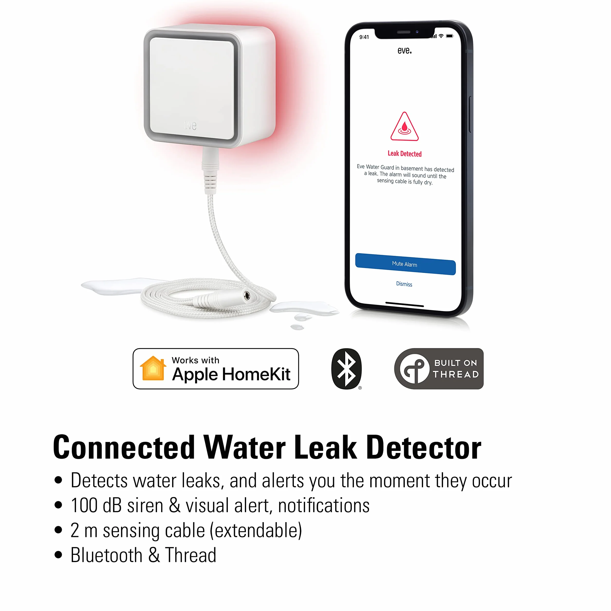 EVE Water Guard - Rilevatore intelligente di perdite d'acqua, cavo di 2 m, sirena da 100 dB, allarme di perdite d'acqua su iPhone, iPad, Apple Watch (Apple HomeKit), Bluetooth, Thread, Bianco