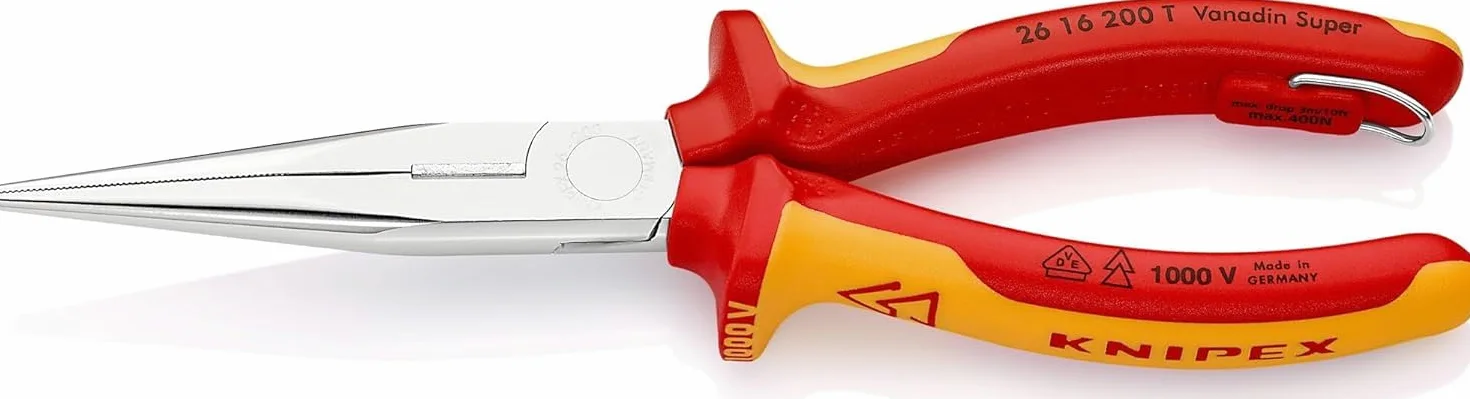 KNIPEX Pinza per meccanica - con becchi mezzotondi con tronchese (pinza a becchi di cicogna) in blister cromata isolante con manici, 26 16 200 T BK