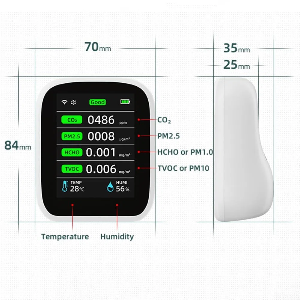 Monitor della qualità dell'aria per casa, sensori rilevatori d'aria interni per umidità di temperatura PM2.5 HCHO, 6 in 1 con app TVOC NDIR, allarme acustico alimentato a batteria