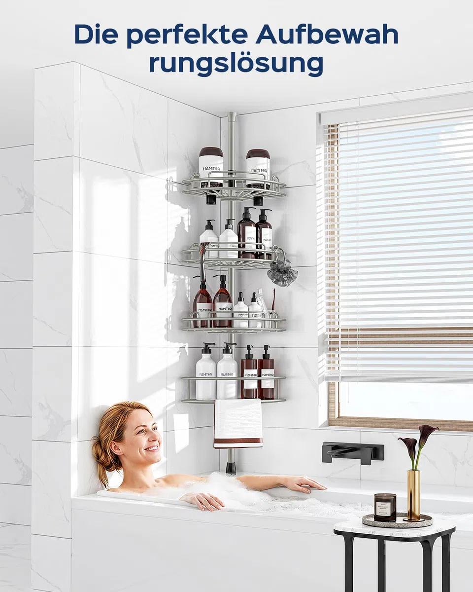 HAMITOR Mensola telescopica per doccia senza foratura: 4 livelli in metallo, antiscivolo e stabile, organizer da bagno per shampoo, sapone e gel doccia, regolabile da 121 a 314 cm, argento