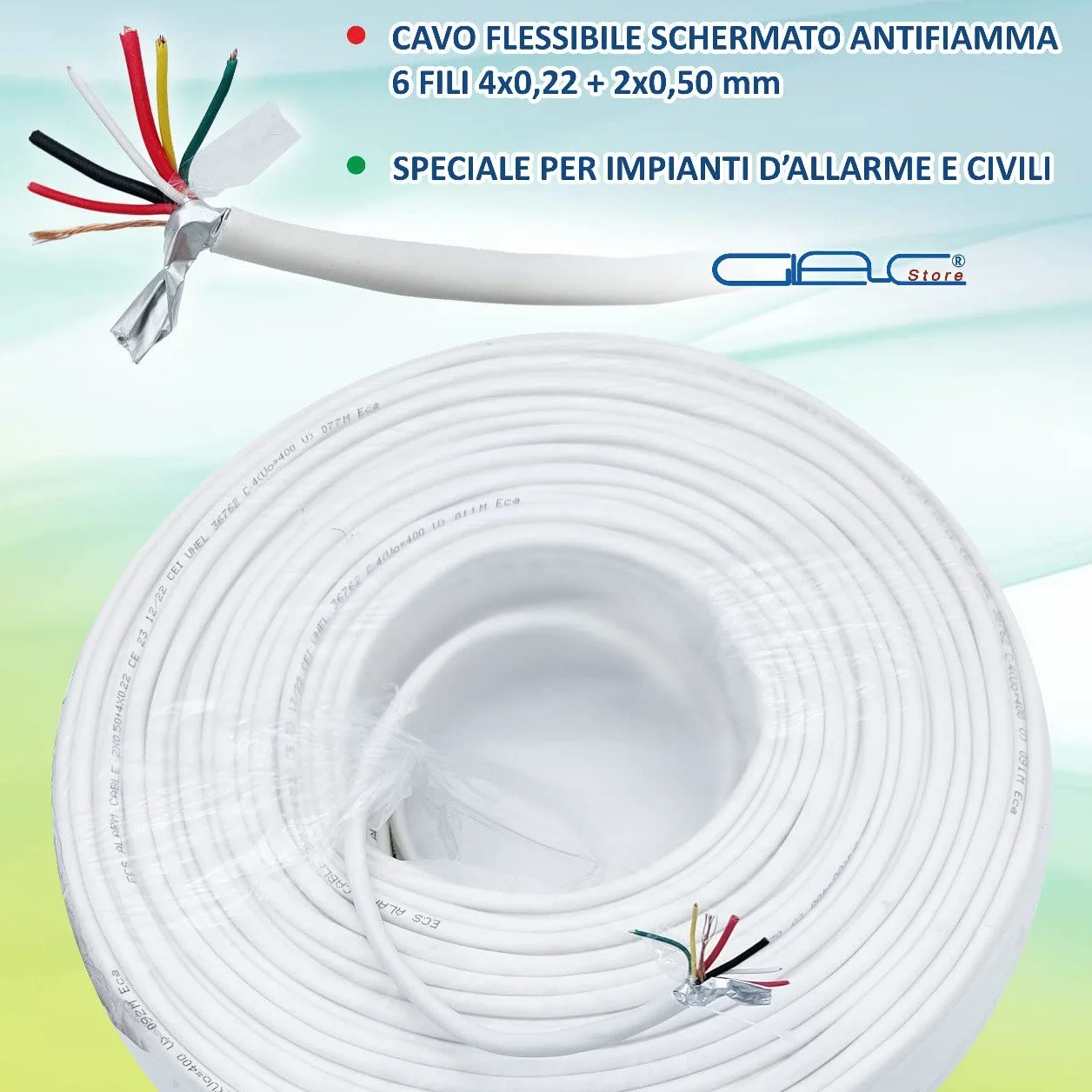 Cavo Cavi Allarme Bobina 6 Fili 4X0,22+2X0,50 mm 4+2 Matassa da 100 metri CCA Schermato Professionale Certificato Anti Propagazione in caso di Incendio