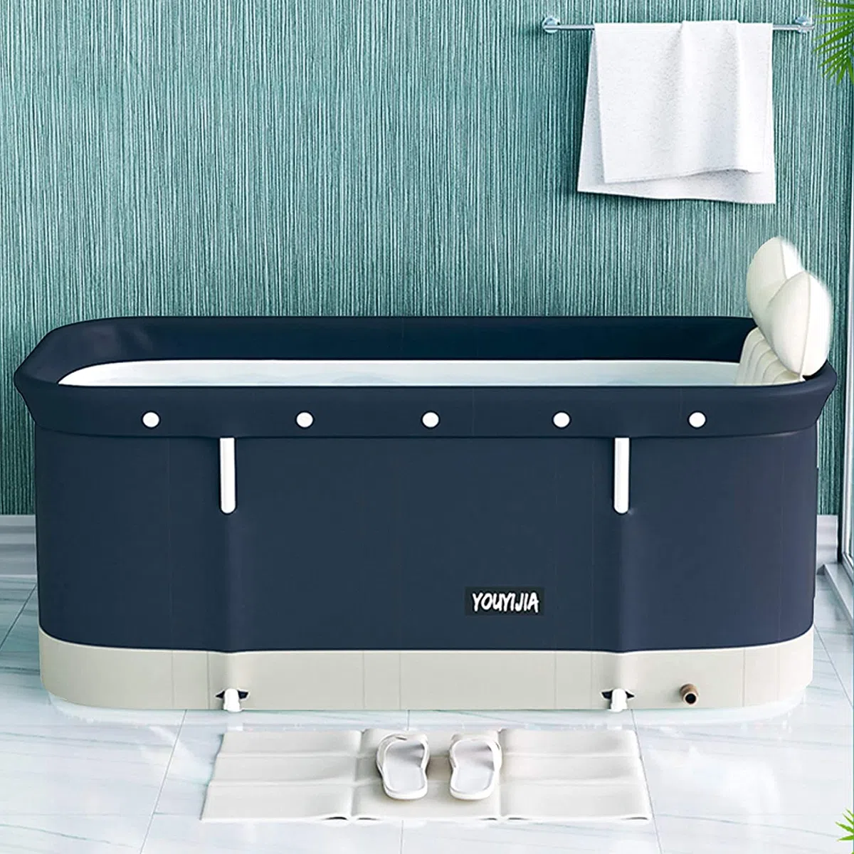 Vasca bagno per la famiglia, pieghevole, portatile, non gonfiabile, in PVC, disponibile in tutte le stagioni, per la doccia (blu scuro)
