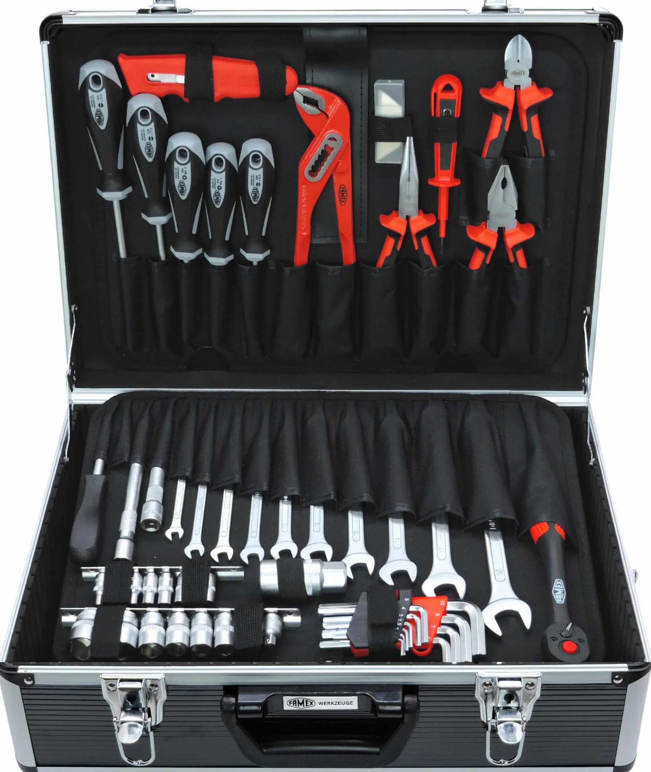 FAMEX Cassetta portautensili universale 705-L vuota con 26 tasche per attrezzi, parti e accessori – Divisione vano nel fondo del bagaglio, valigetta vuota senza attrezzi, 45 x 35,5 x 16 cm